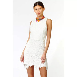 Sleeveless white crochet floral overlay dress front view 