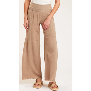 latte colored wide leg pant with fold over jersey waistband and frayed hemline front view