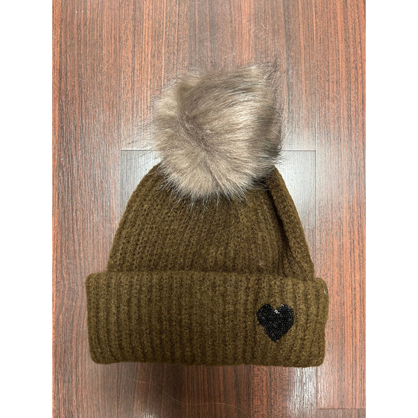 Knitted Hat with Sequin Heart in Khaki