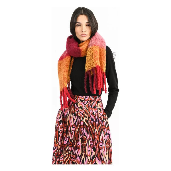 Dark Red Knitted Scarf with Dark Red, Pink, and Orange ombre.