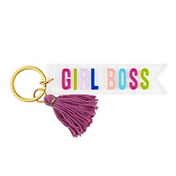 "Girl Boss" keychain with a purple tassle