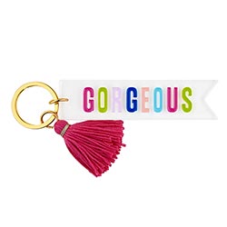 Acrylic Key Tag with the word "Gorgeous" and  with a pink tassle