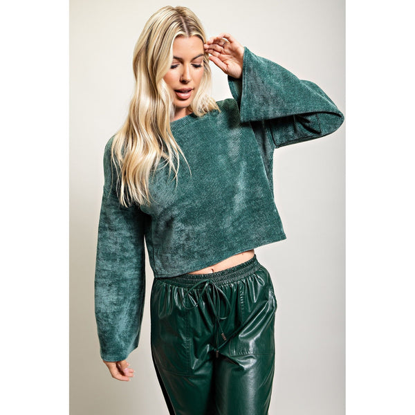 Bell Sleeve Crop Knit Top in Green