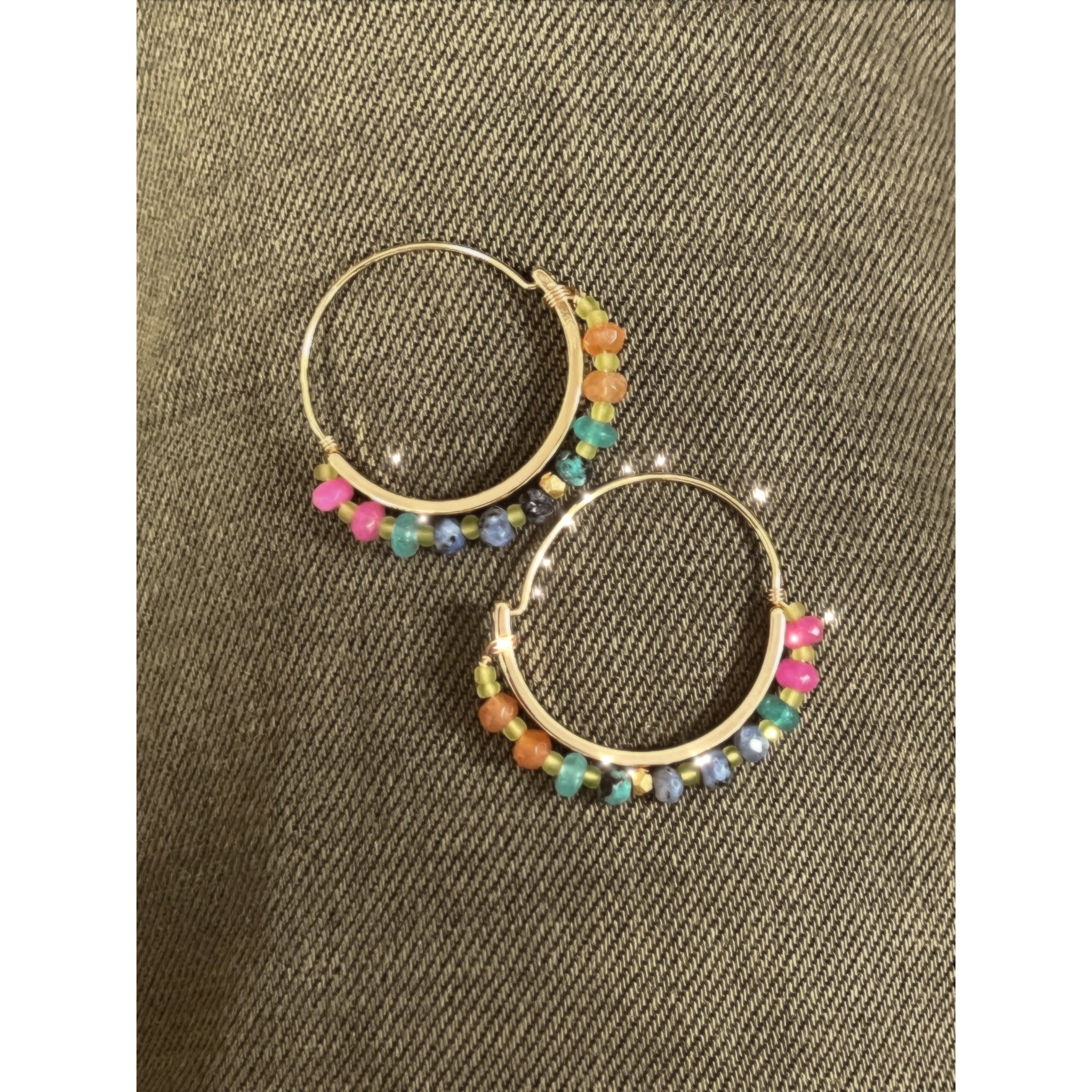Gold Color Beaded Hoop view showing the hoop shape and different, bright colored  beads