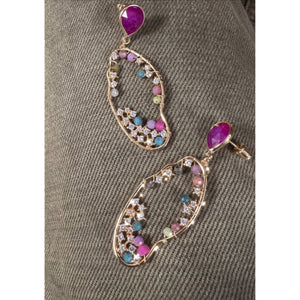 Asymmetrical Drop Gold Earring with Purple stud.