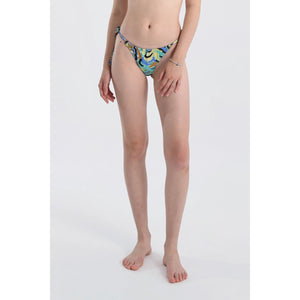 Jeanne Bikini Bottoms. Featuring a tropical pattern in shades of greens and blues, these bottoms are flattering and comfortable with an adjustable tie waist. 
