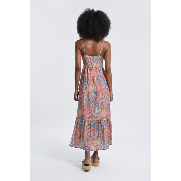 Back view of the Printed Long Dress showing the adjustable straps and zipper detail
