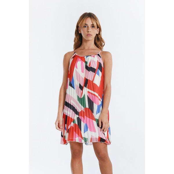 Front view of the Pleated Mini Dress showing the colorful design and length that lays a couple of inches above the knee