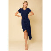 front view showing the navy blue color and twist/wrap detailing in the front of the dress around the waist