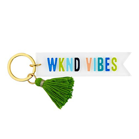 Acrylic Key Tag  with "wknd vibes" phrase and a green tassle