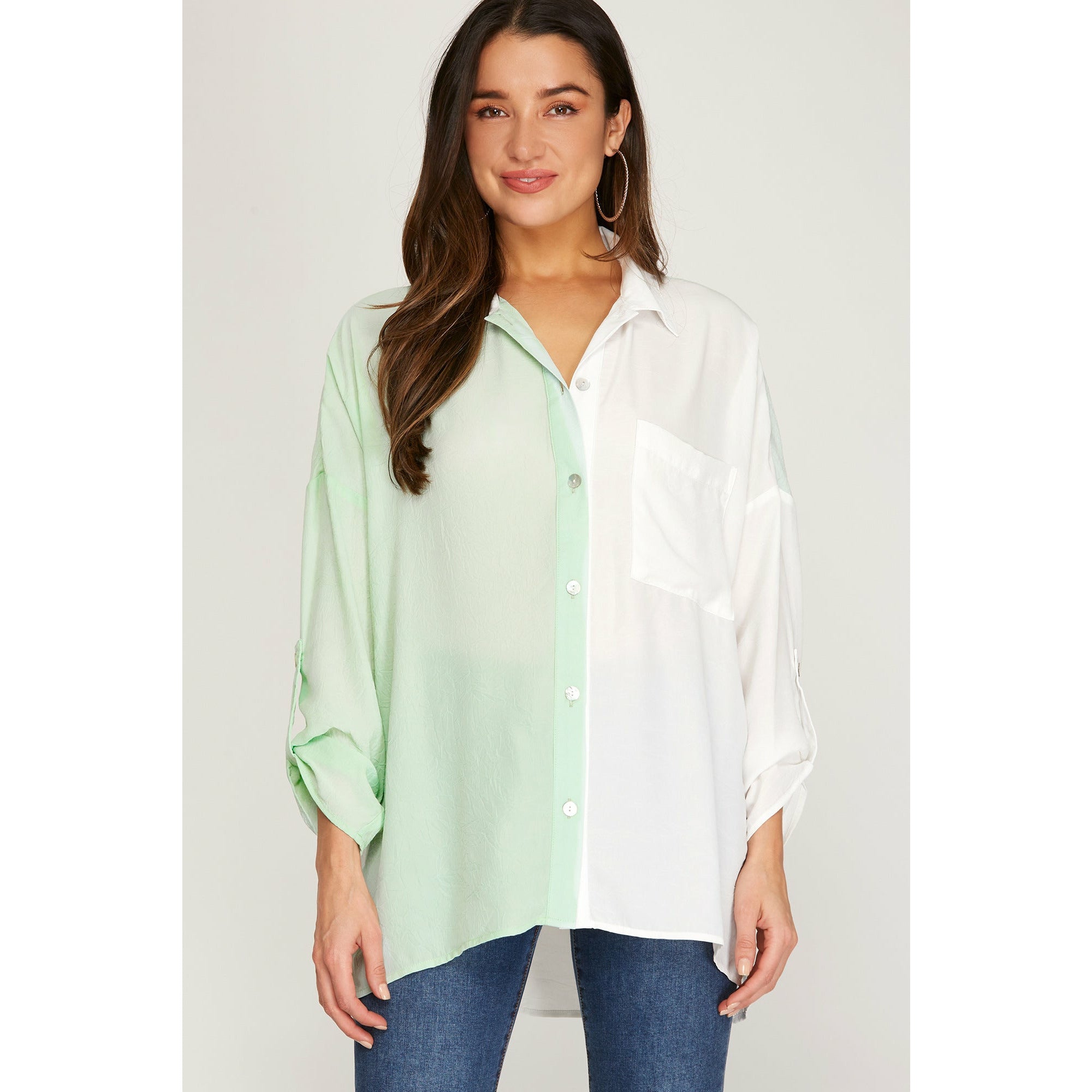 Roll Up Sleeve Color Block Woven Shirt in Pistachio
