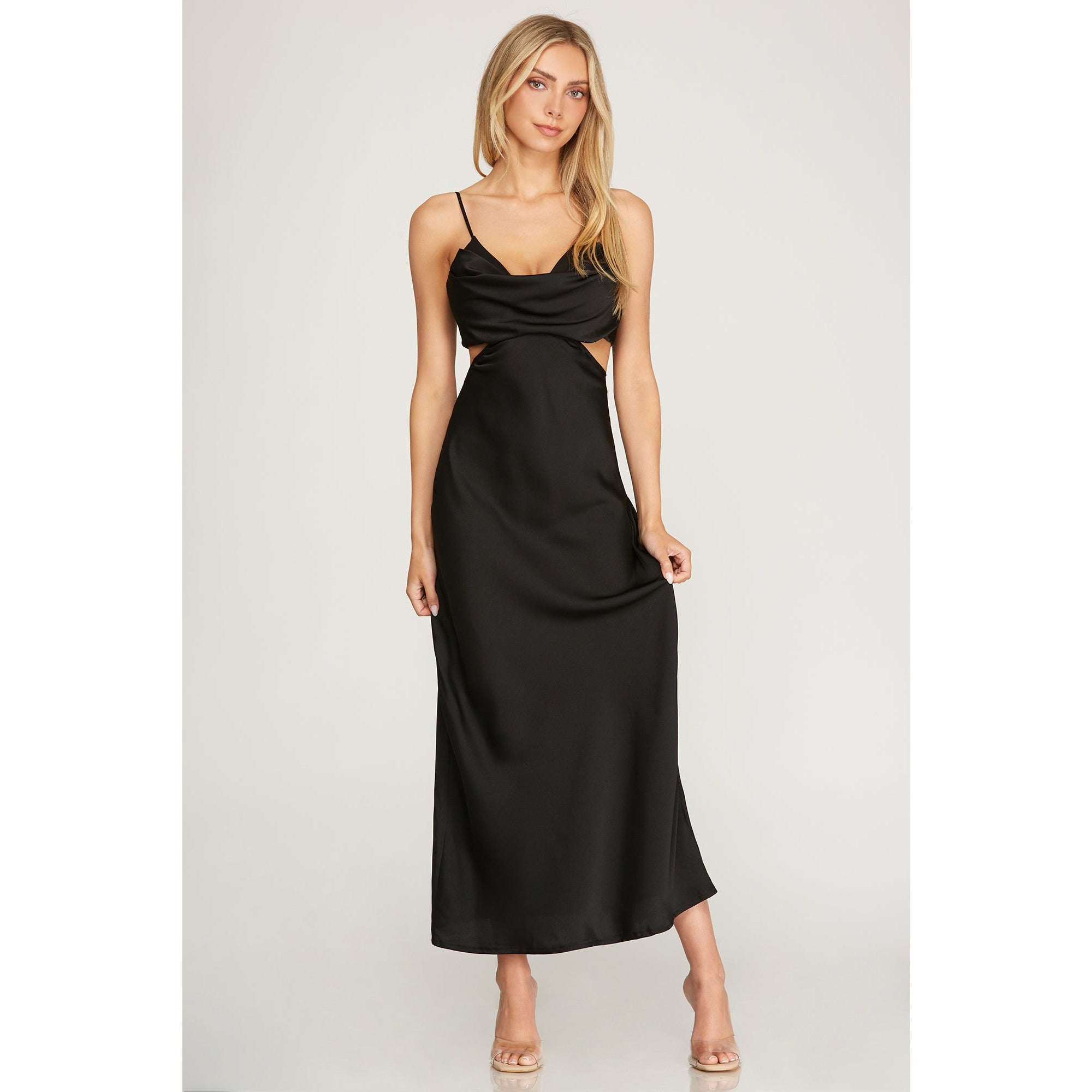 Cami Cowl Neck Brushed Satin Maxi Dress With Cut Outs in Black