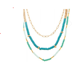 this view shows the 3 layered chains that make up this necklace. Turquoise beading