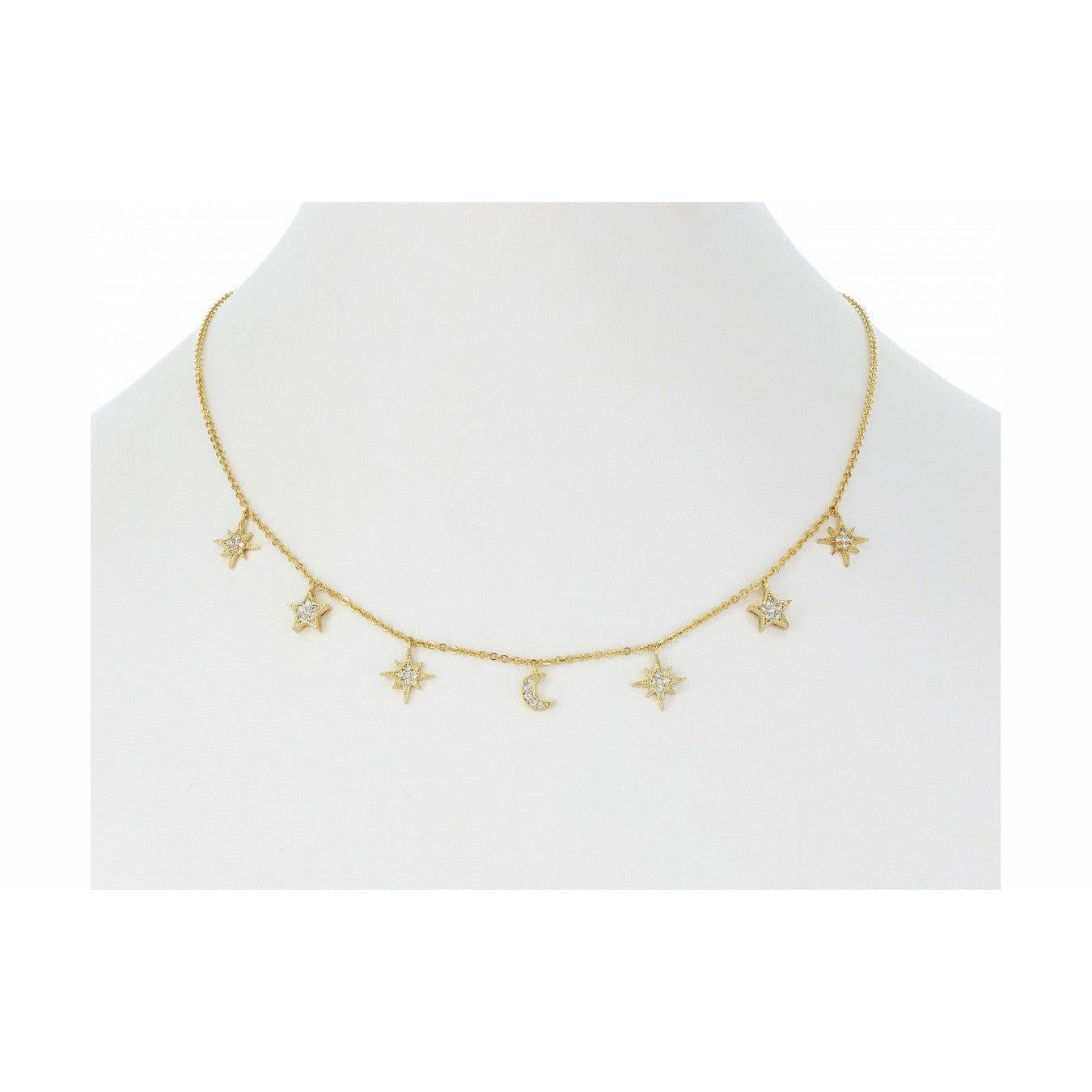 Starbursts, Stars and Moon Necklace in Gold Tone