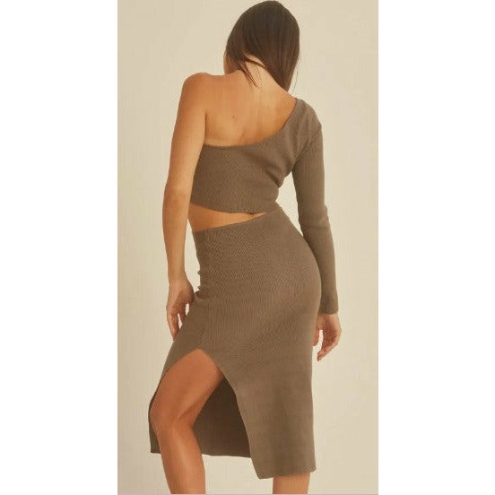 Rivera One Shoulder Cut-Out Knit Dress in Moss