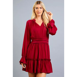Ruffled Dress with V-Neck in Red Wine