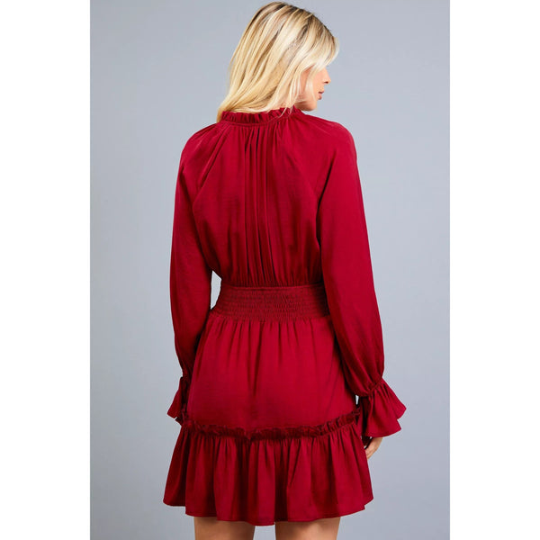 Ruffled Dress with V-Neck in Red Wine