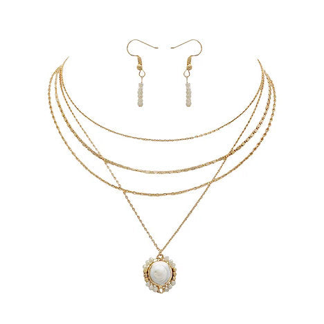 Gold Tone Layered Necklace with Freshwater Pearl Pendant