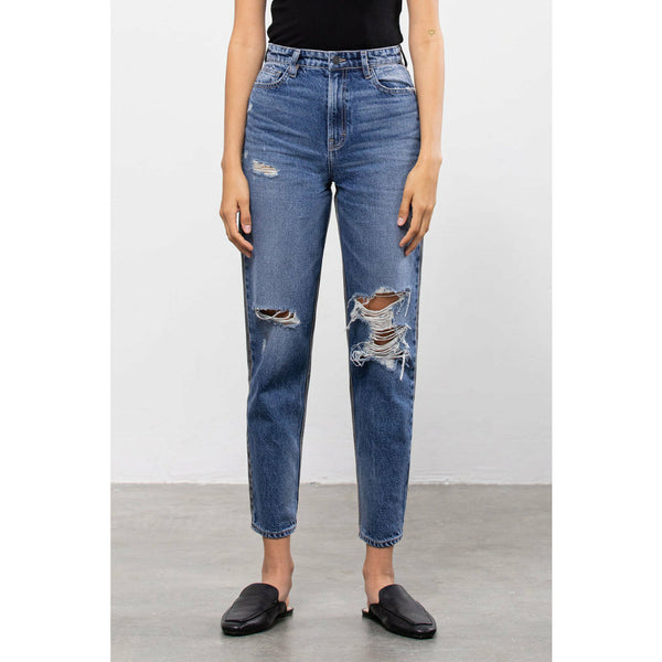 Zoey Basic Mom Jeans with holes and distressing.