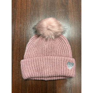 Knitted Hat with Sequin Heart in Pink