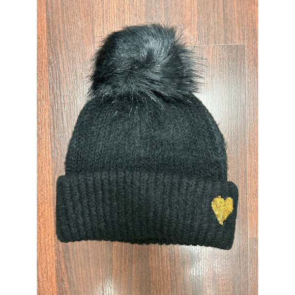 Knitted Hat with Sequin Heart in Black