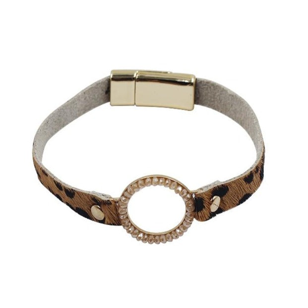 Leather Bracelet with Leopard Print in Tan and Black