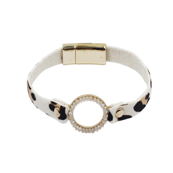 Leather Bracelet with Leopard Print in White, Tan and Black