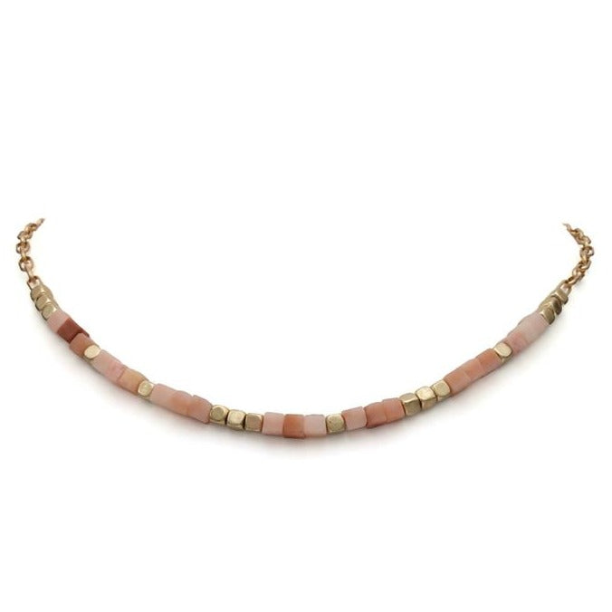 Gold Necklace with Pale Coral & Pink Beading
