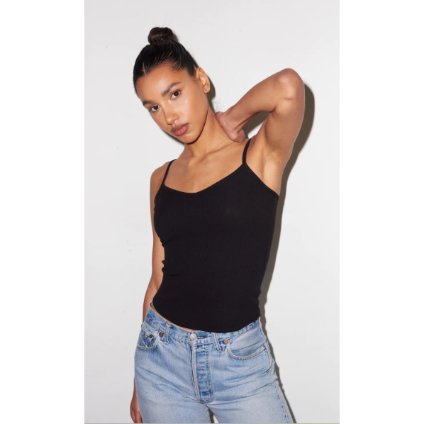 BLACK RIBBED CAMI TOP WITH SPAGHETTI STRAPS