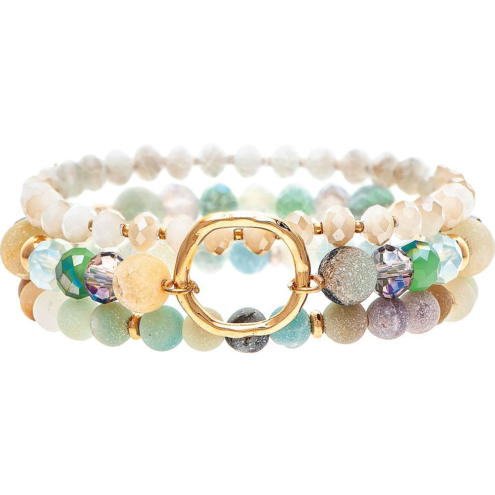 amazonite beads and glass beads in shades on tan, cream and aqua with a gold open circle charm