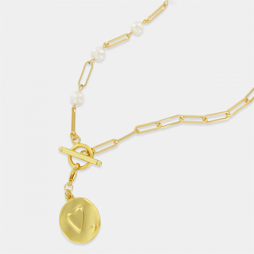 Pearl Chain Link Necklace with Heart Pendant in Gold Tone