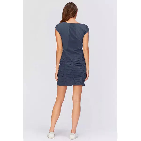navy blue dress with ruching at hips and thighs back view