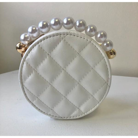 White Round Quilted Purse with Pearl Bead Handle