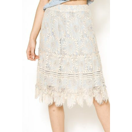 Baby Blue Midi Skirt with Lace Overlay