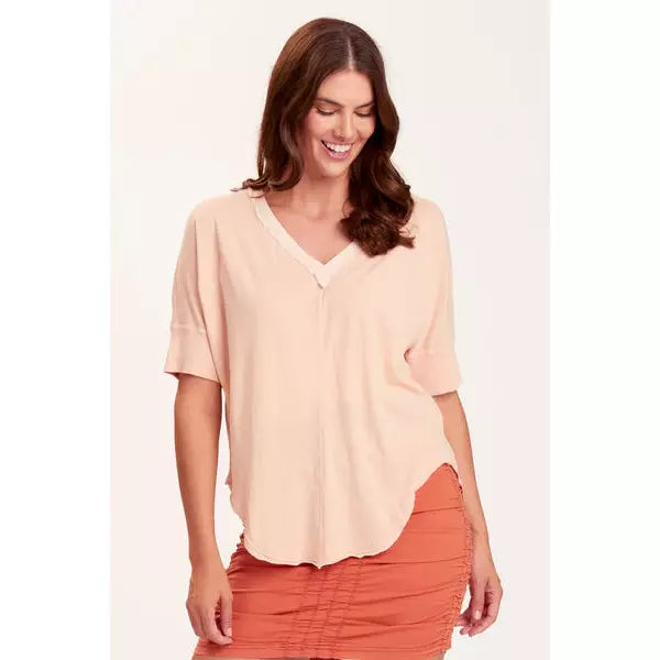 Gardiner Banded Sleeve Top front view v neck with loose quarter length sleeves