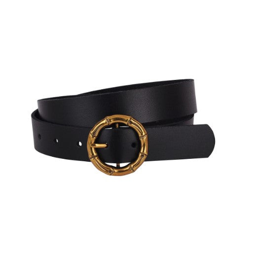 Bamboo Joint Circle Buckle Leather Belt in Black