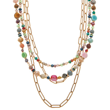 4 strand necklace with gold tone paperclip links, and glass and ceramic multicolored beads