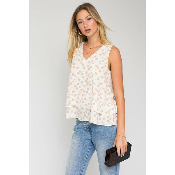 Abstract Print Top in Ivory-Taupe