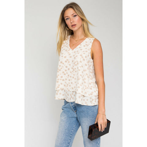 Abstract Print Top in Ivory-Taupe