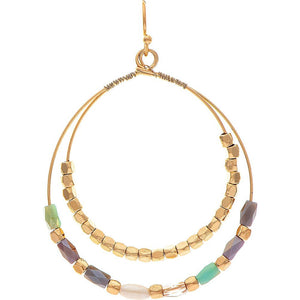 Gold Tone Multicolor Double Beaded Wire Circle Earring