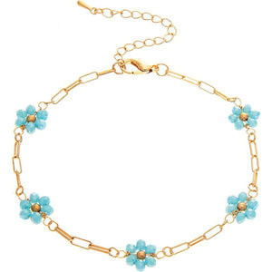 thie view shows the gold chain that is connecting light blue flower beads
