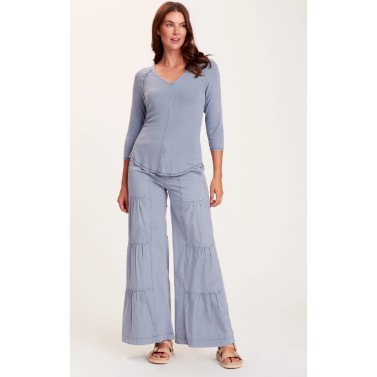 full view of terraced pant in light blue