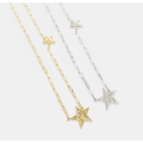 Hammered Moon & Star Paperclip Necklace