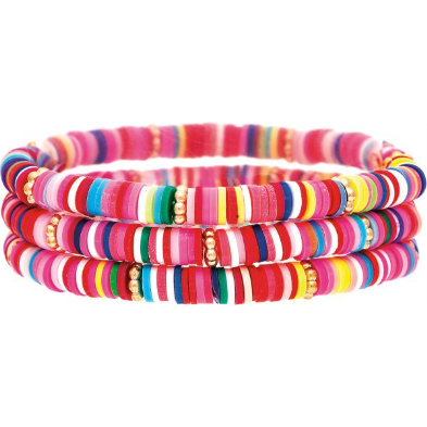 multi colored flat disc bead stretch bracelet 3 strands shown