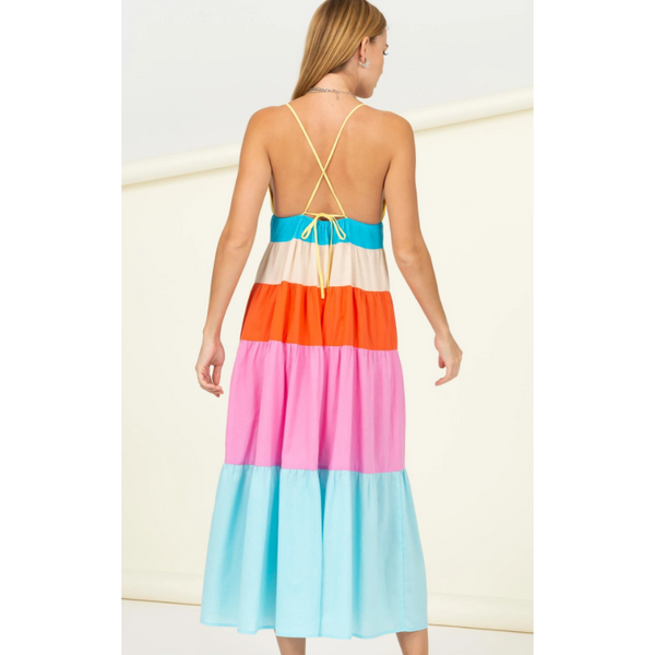 Color Blocked Tiered Midi Dress