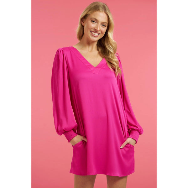 hot pink v neck shirt mini dress with pockets