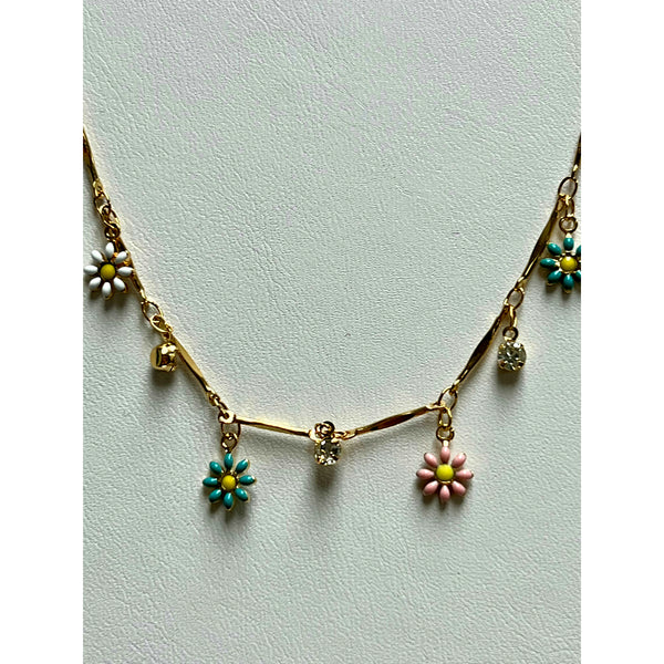 Gold Chain With Dangling Dainty Enamel Flowers