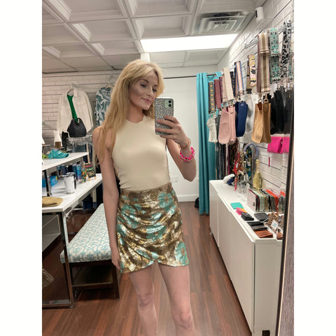Sequin skirt with cross over front in aqua and light tan