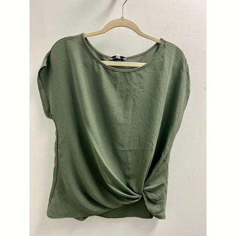 Woven Tee with Front Knot Detail in Olive Green