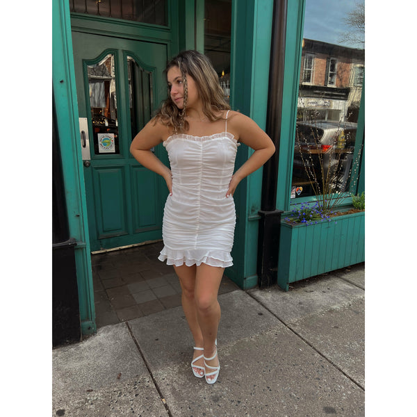 Mini Dress with Ruffled Neckline in White